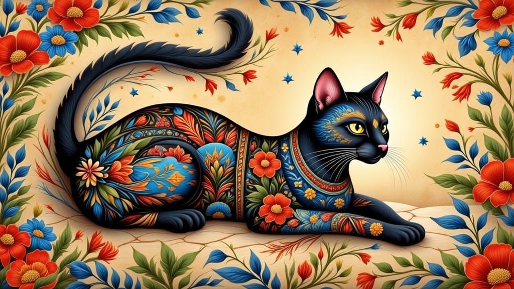 <lora:Folklore:1.0> Elongated-necked cat adorned with intricate patterns, colors, and textures, appears to peer into viewer's heart, crafted...