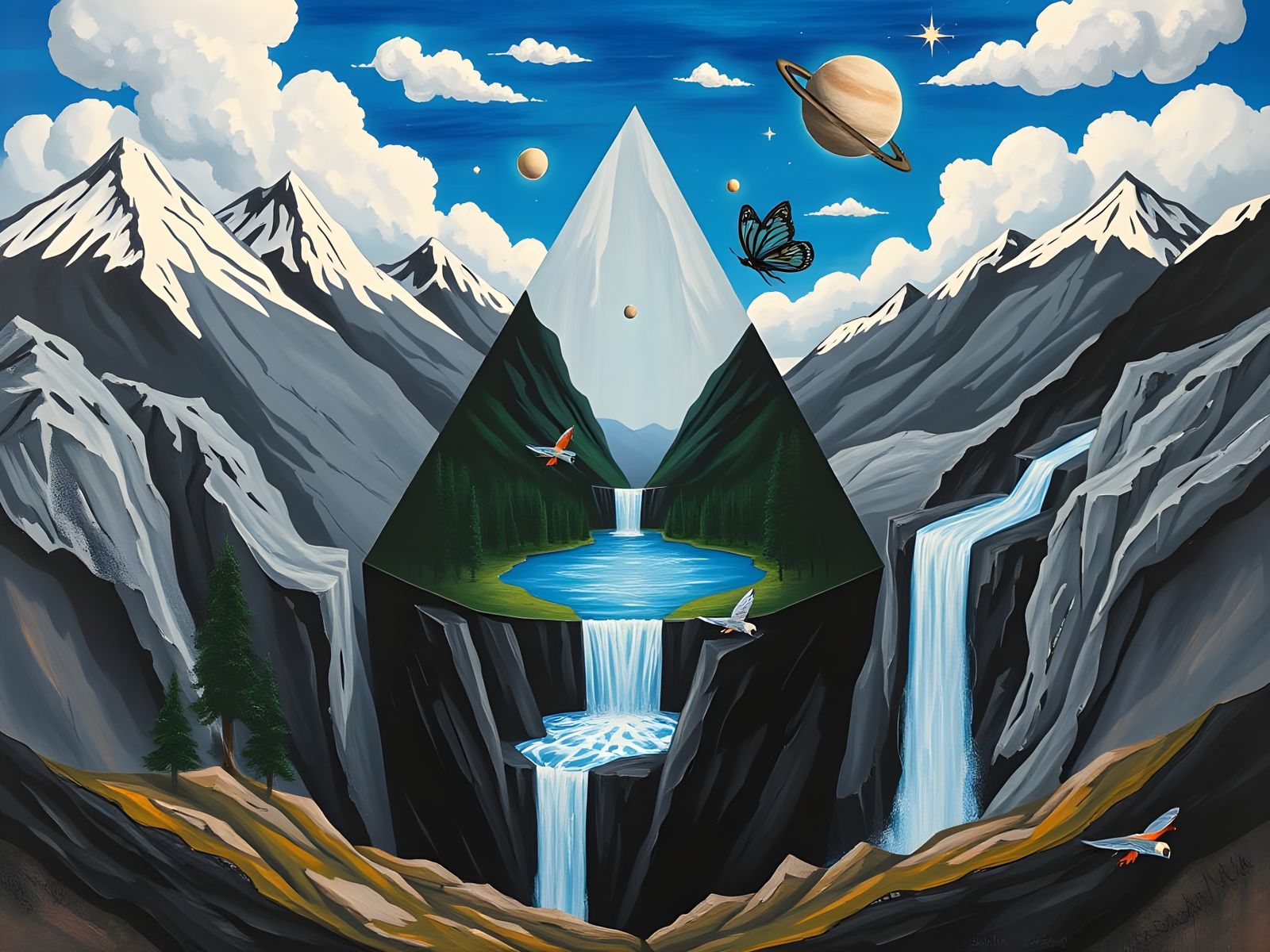 Ethereal Waterfall Scene in Cosmic Landscape