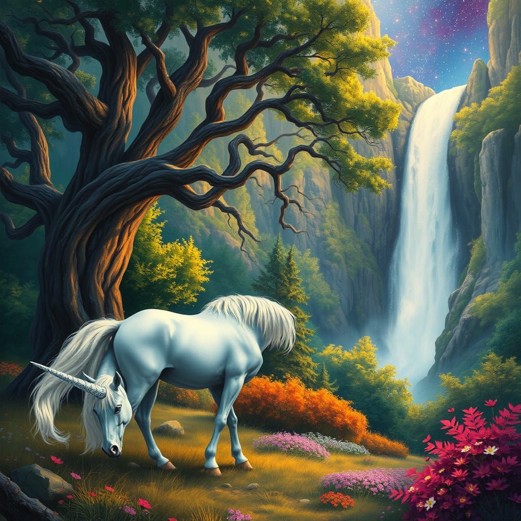 (Fail)A magical forest, a unicorn grazing 