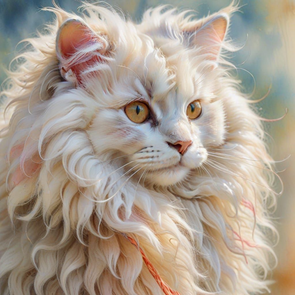 Whimsical Watercolor Portrait of a Curious Angora Cat