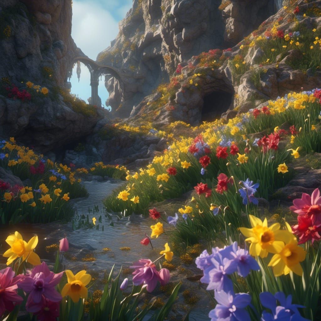 <lora:NC Hyperreal:1.0> Rainbow daffodils by the sea