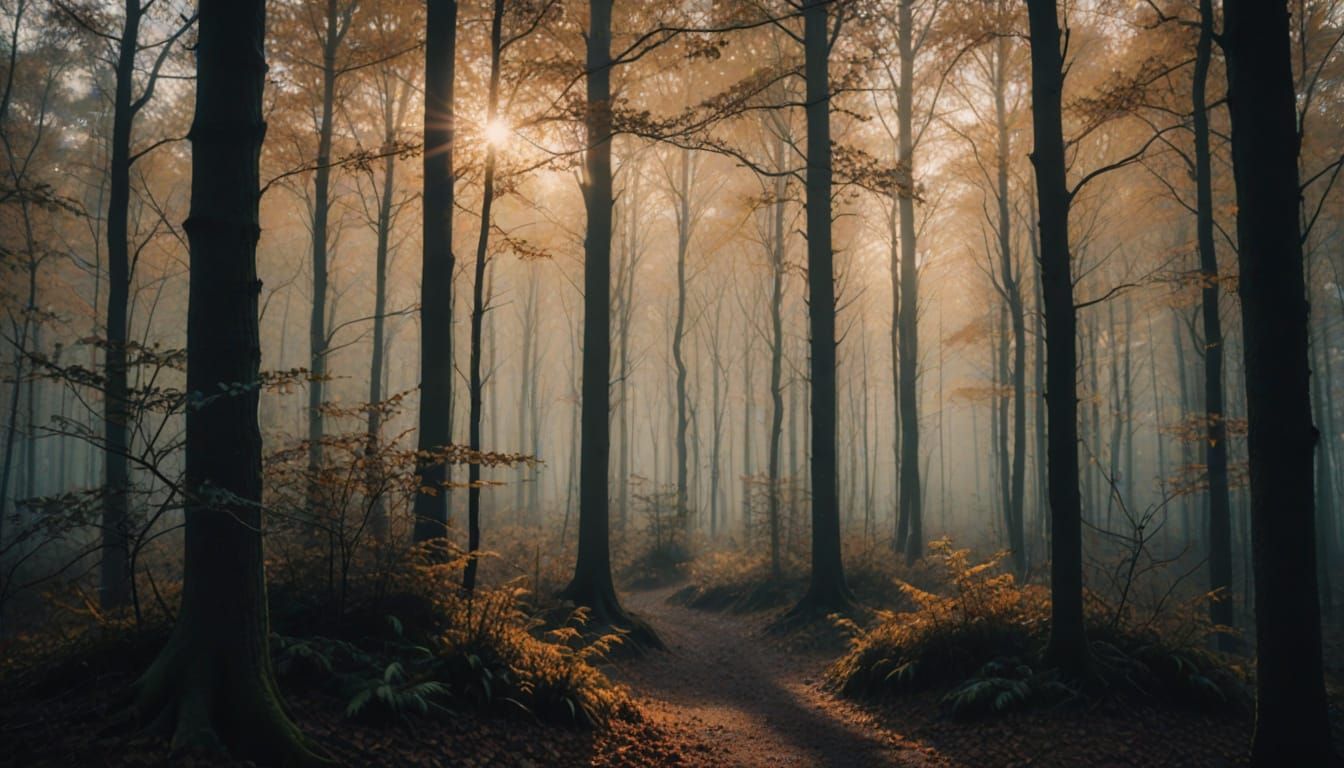  cold foggy autumn forest, in the gloaming, early winter feelings spiraling sunshine rays   by @The Carlyle