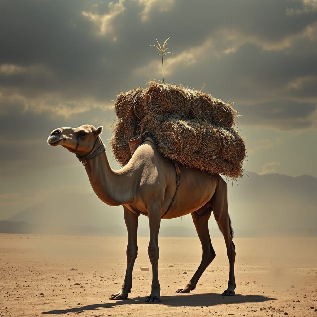 Camel Crushed Under Straw Load in Desolate Desert