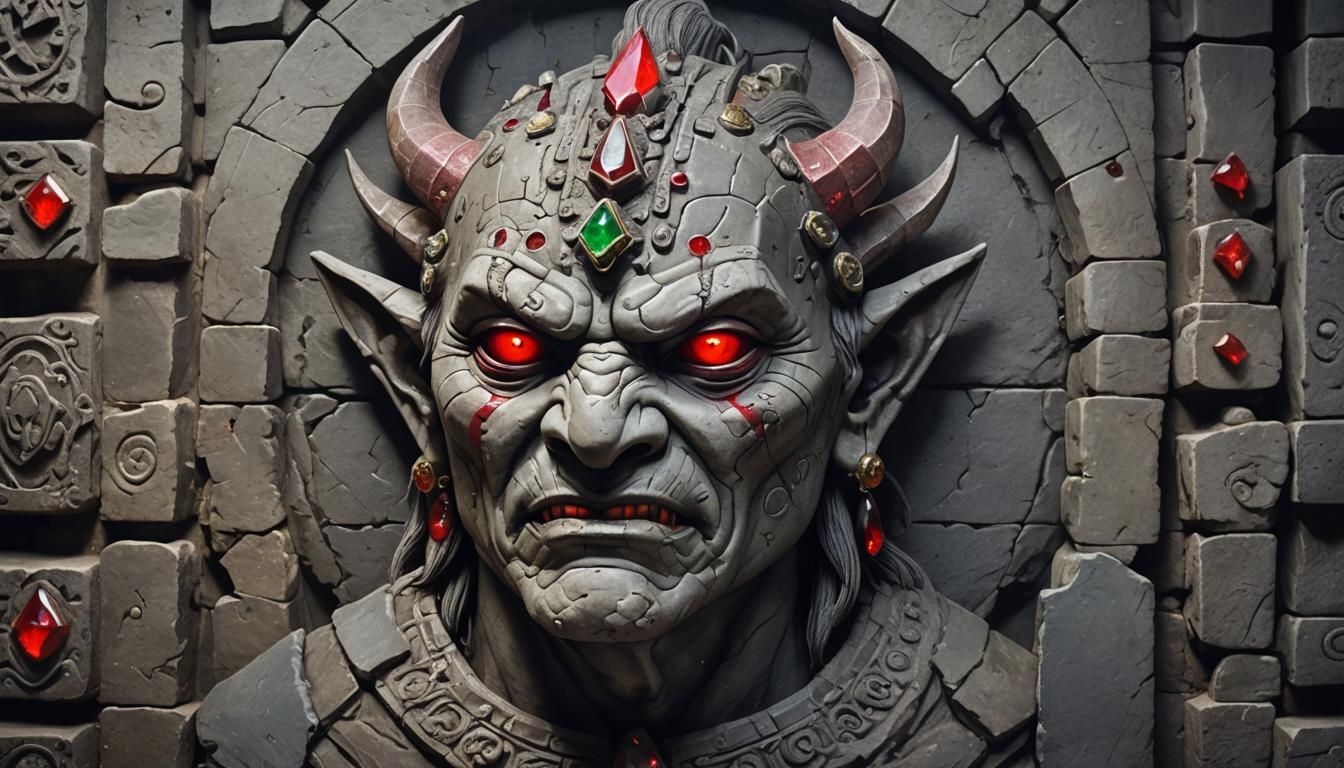 scenic picture of a ancient gambling god, grey stone face, p...