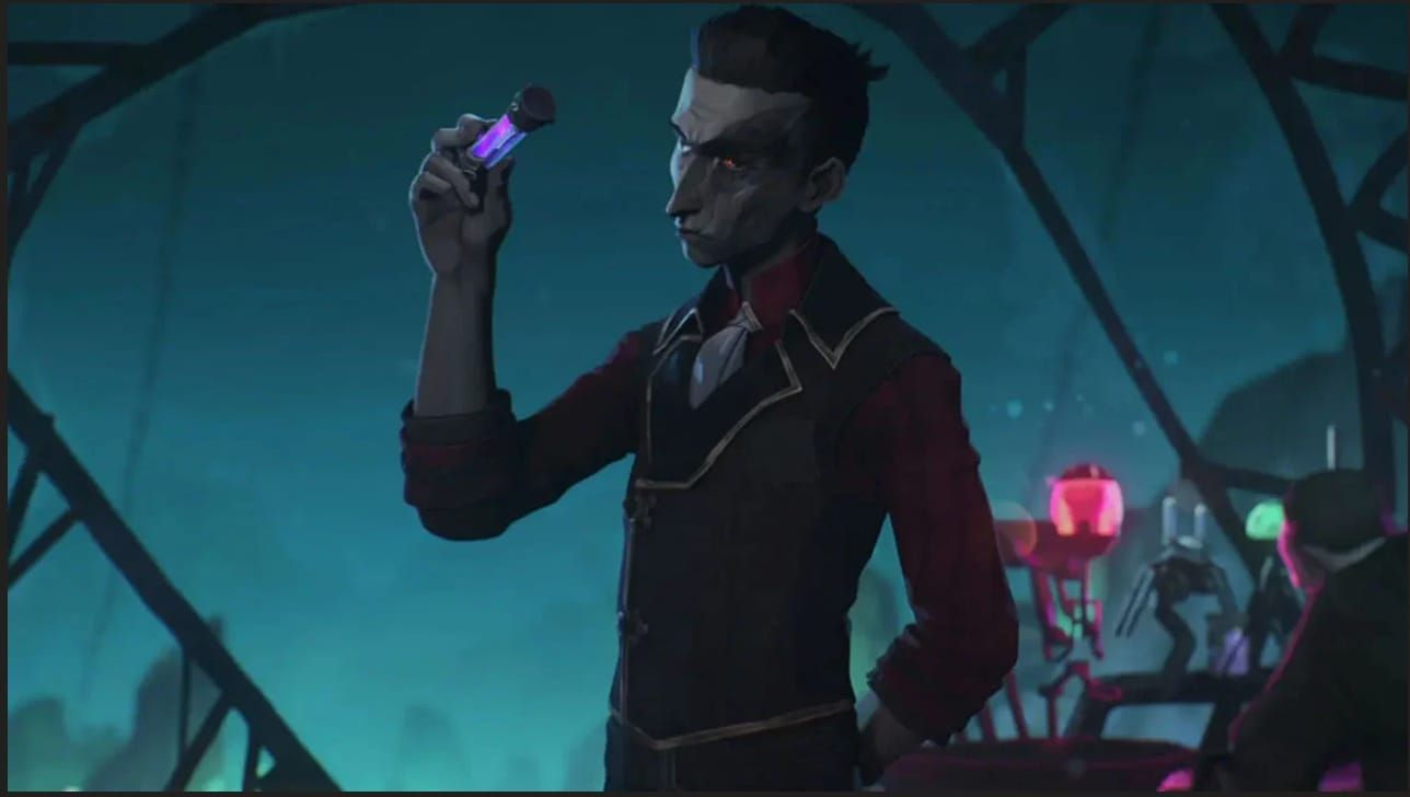 Silco, a dark haired, green eyed, skinny chemist, in his laboratory; 