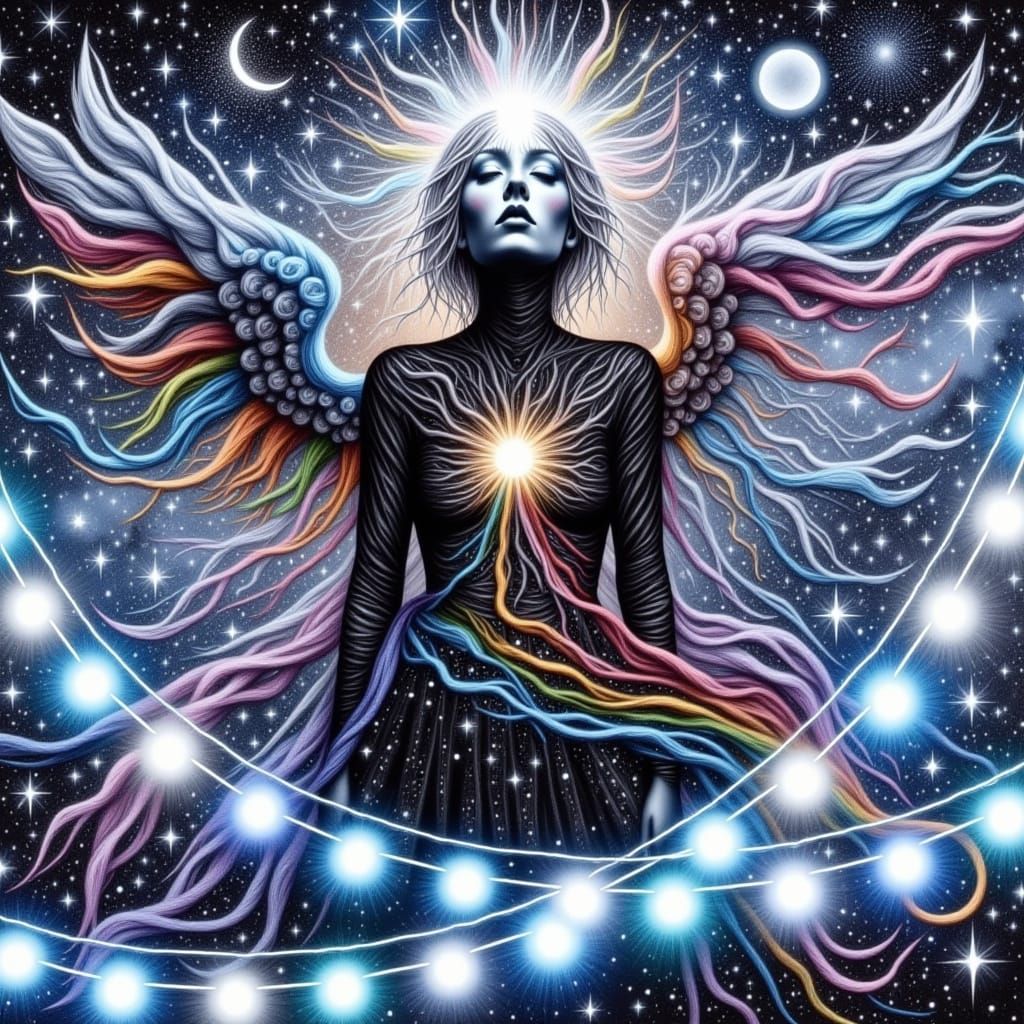 <lora:ChromaDraw:1.0> Photo realism    woman weaves strands of color into fine art