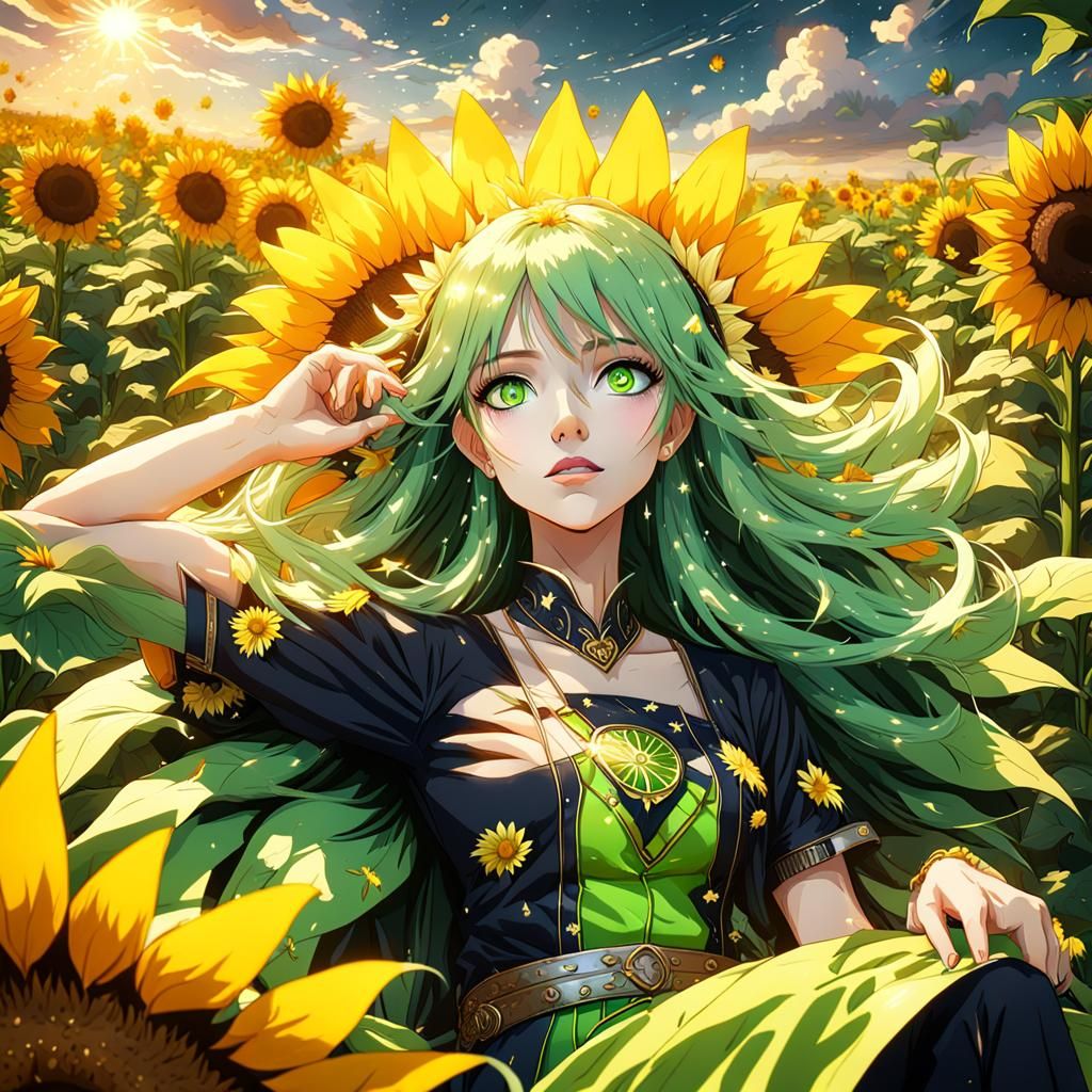Anime girl with long lime green hair and bright green eyes i...