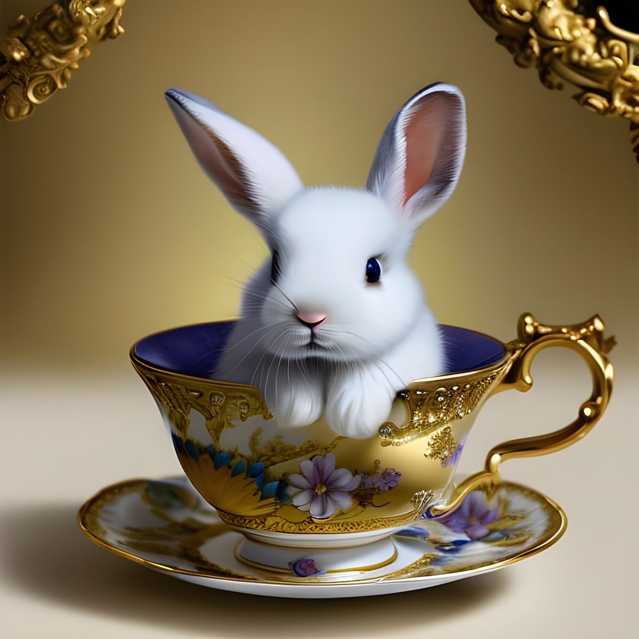 Fluffy baby rabbit in a teacup  by @ArtColai