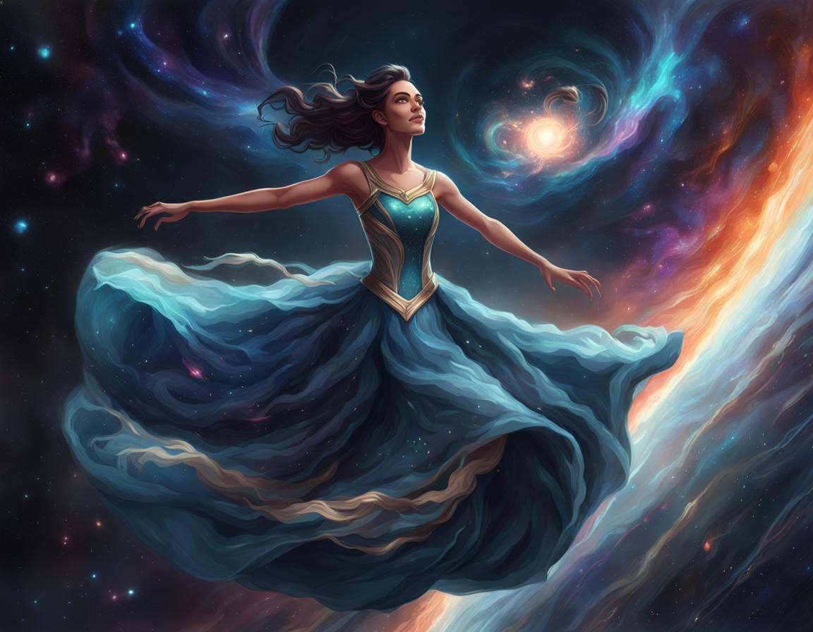 a dark-haired woman soaring in space, she is wearing a ballg...