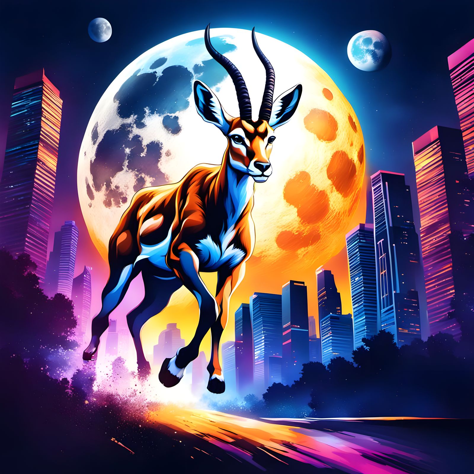 Beautiful night City parallel universe, gazelle running  ful...