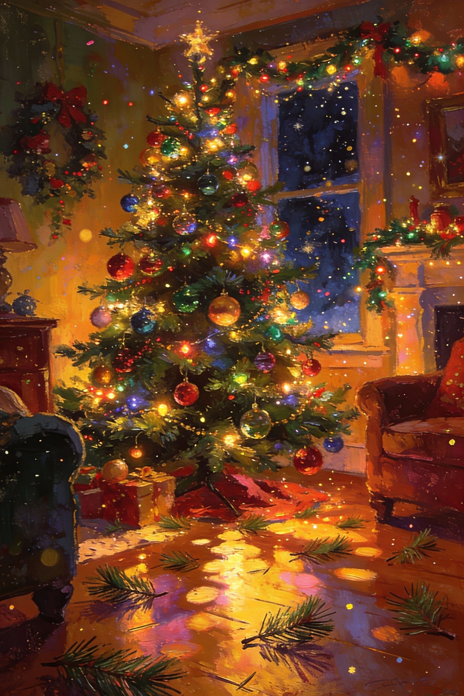 A beautifully lit Christmas tree adorned with colorful ornaments stands in a cozy, warmly decorated room ...  by @Chusaengsri