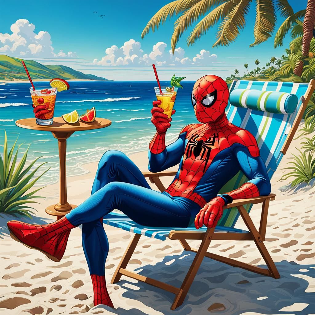 (((Spider-man Spider-man Spider-man)  laying at the beach in a Lounge chair, tanning holding a martini ...  by @EllisWhite