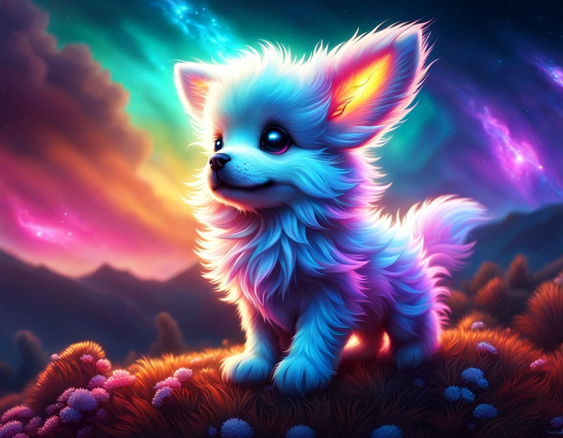 A petite, hyper-realistic, kawaii-style Fantasy Puppy wit a fluffy fur ...