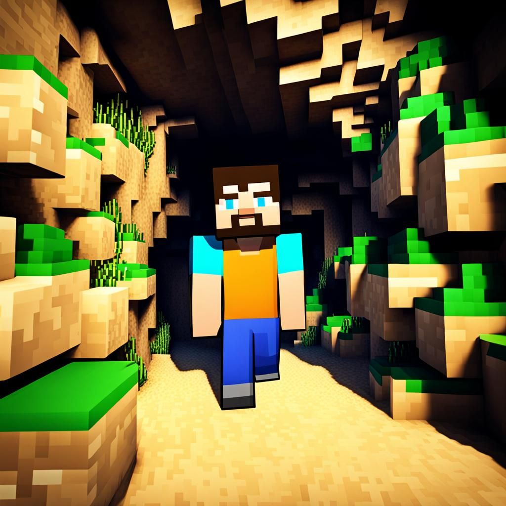 Minecraft Steve in a Minecraft cave