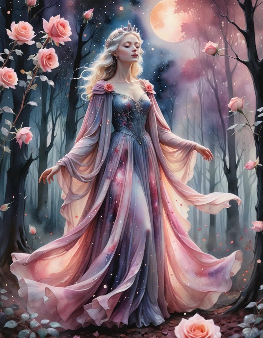 Watercolour, Vivid rose under cosmic moonlight