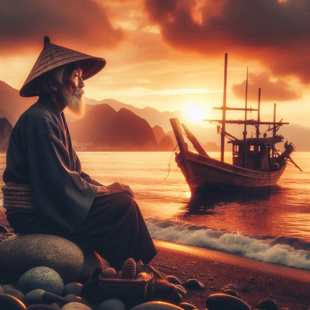 Japanese old fisherman in national clothes sits on a stone on the seashore, an old wooden fishing boat can be seen far out at sea against the background of the sunset