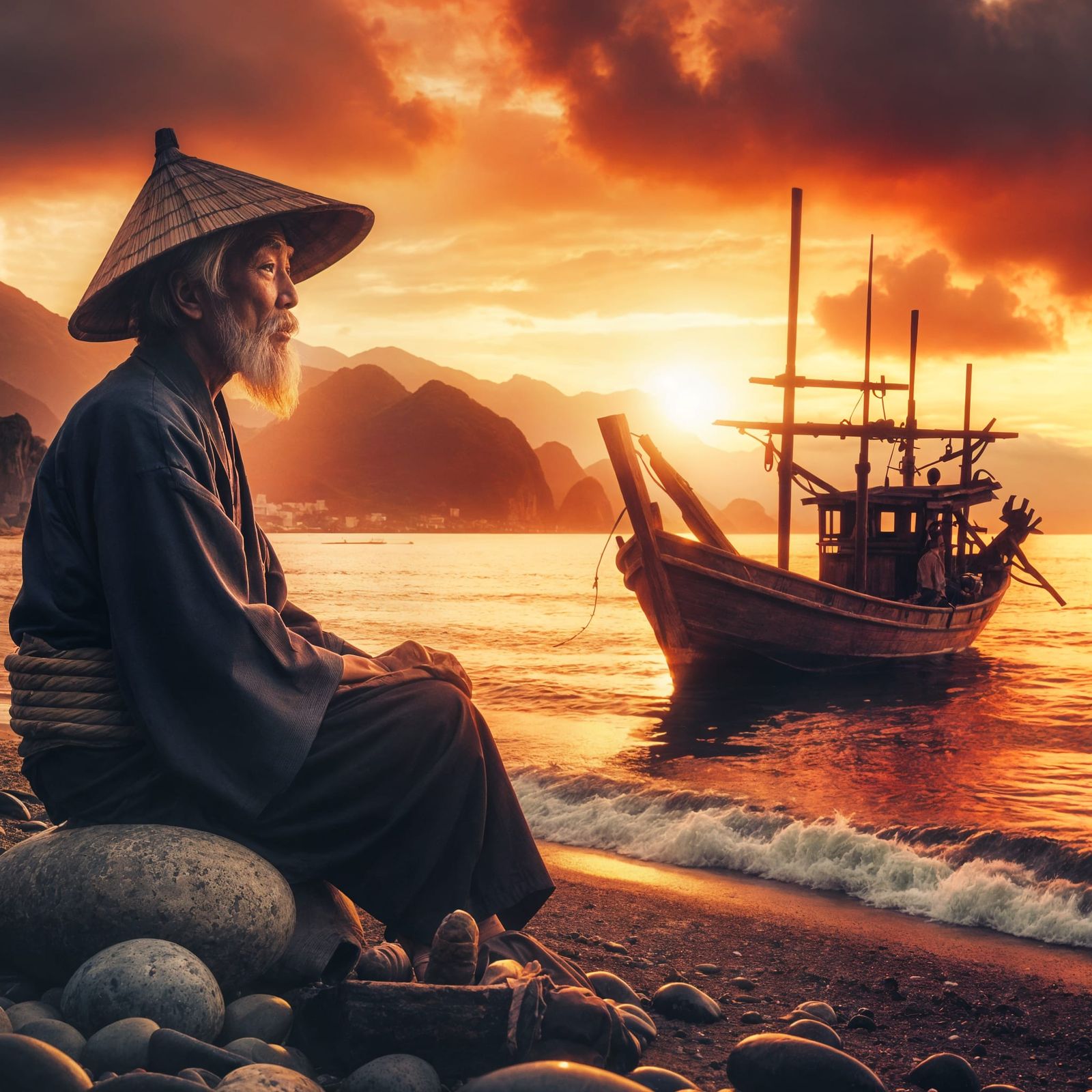 Japanese old fisherman in national clothes sits on a stone o...