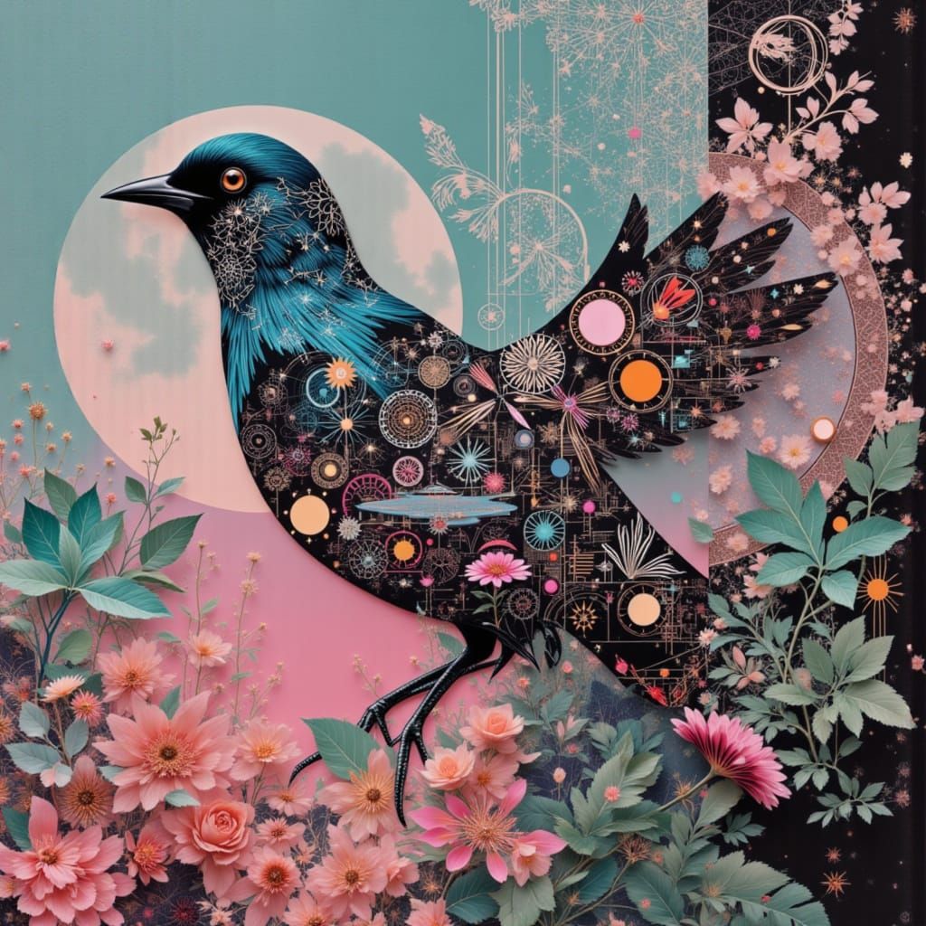 Vaporwave Bird Collage with Retro-Futuristic Neon Gradients