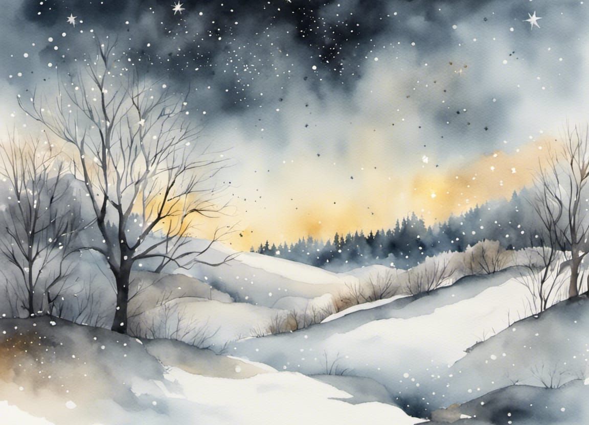 snowy winter landscape with gold stars watercolor