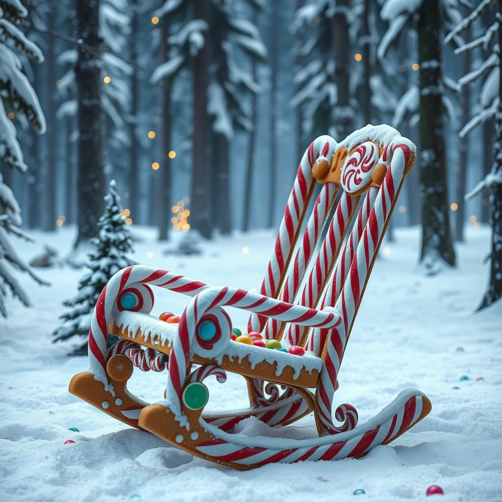 envision a whimsical rocking chair crafted entirely from candy canes and gingerbread, sitting in the ...  by @Queendom Hearts