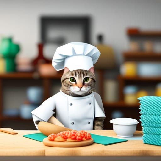 Cat wearing a Chefs hat, baking cookies in a bakery.