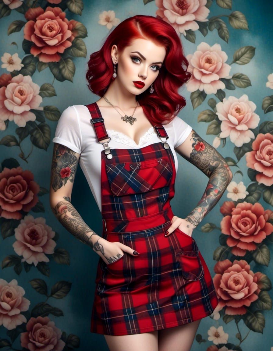<lora:Pinup:1.0> full body portrait Gorgeous tattooed 50s pin up woman with stunning styled red hair wearing attractive tartan overalls shor...