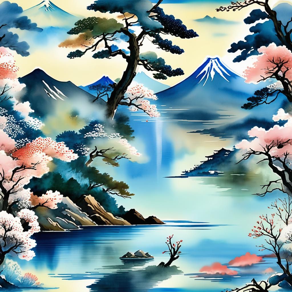 Japan Fuji lake watercolor Hokusai  by @Daleone