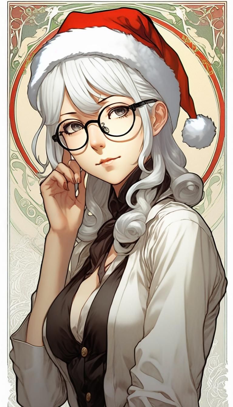 white hair in a bun, Meiko Shiraki from Prison School wearing glasses Santa  Claus hat, upper body portrait, art nouveau portrait by Alphonse mucha - AI  Generated Artwork - NightCafe Creator