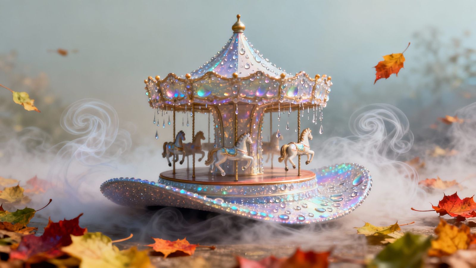 Surreal Hat and Carousel of Raindrops and Autumn Leaves