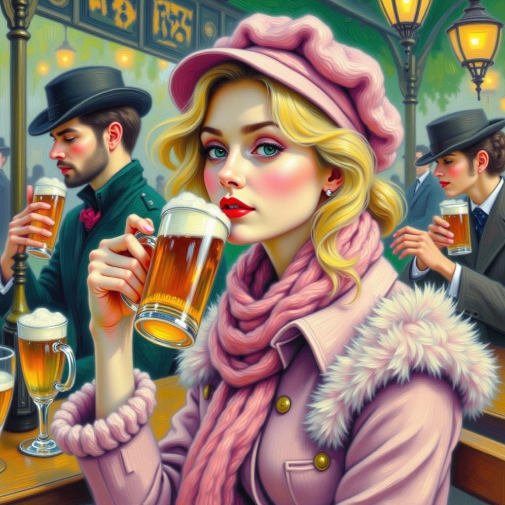 <lora:OilPaintFx:1.0>  A stunning woman, blond hair, with a thick wool shirt, a hot wool beret, scarf, in a picturesque bar drinking beer. p...
