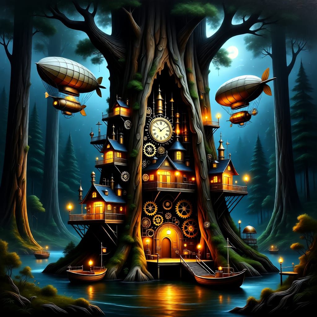 Steampunk City in a Giant Tree
