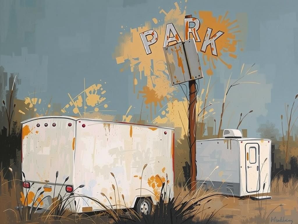 A rusty sign that says “PARK” in front of a white trailer. Loose, gestural marks in pencil and oil paint