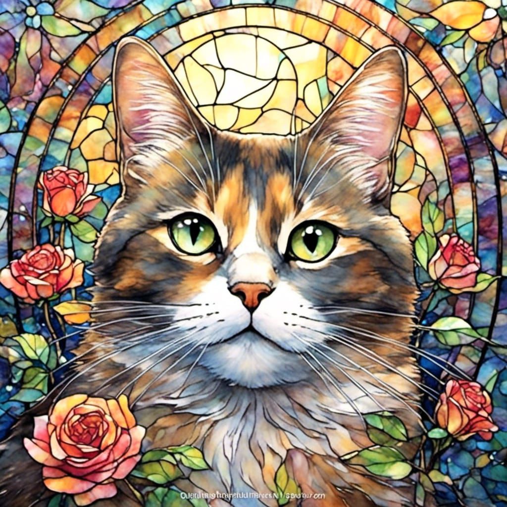 Pearl cat in stained glass