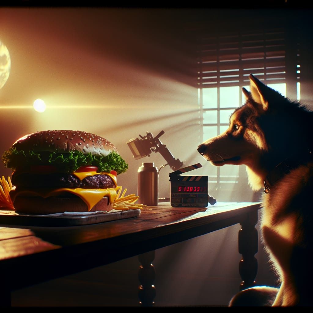 Hamburger Feast: A Cinematic Still with a Canine Diner