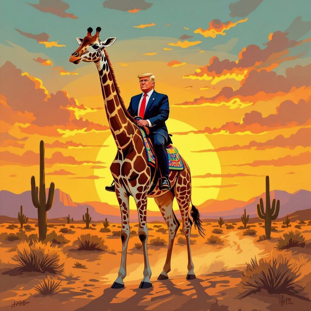 Trump Rides Giraffe in Desert Sunset, Mexican Folk Art Style