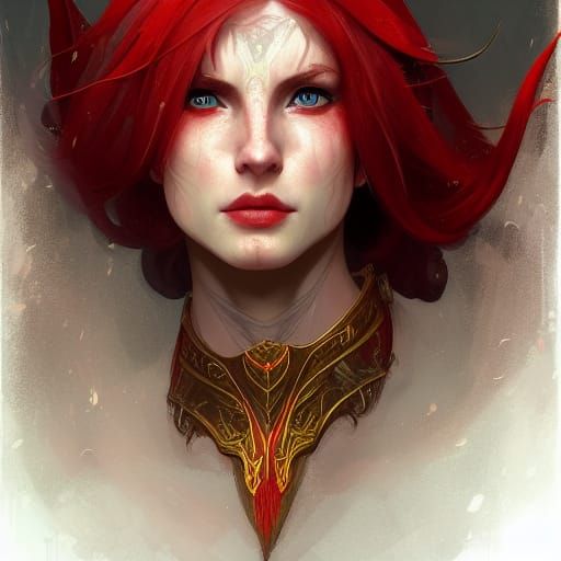 female elf druid with red hair made of leaves and red leaf a...