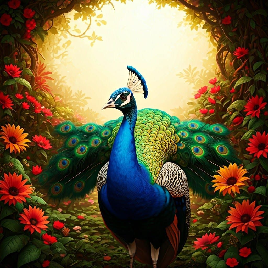 טווס בפרחים