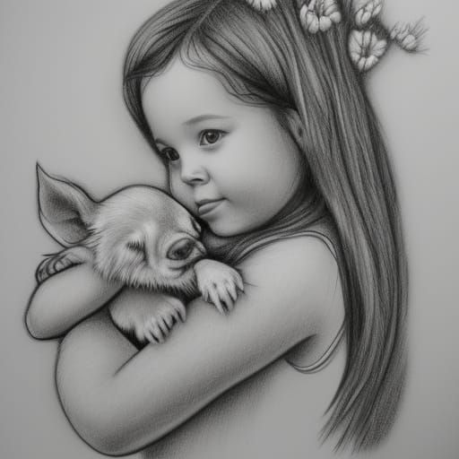 B & W drawing of a girl holding a puppy in a field of flower...
