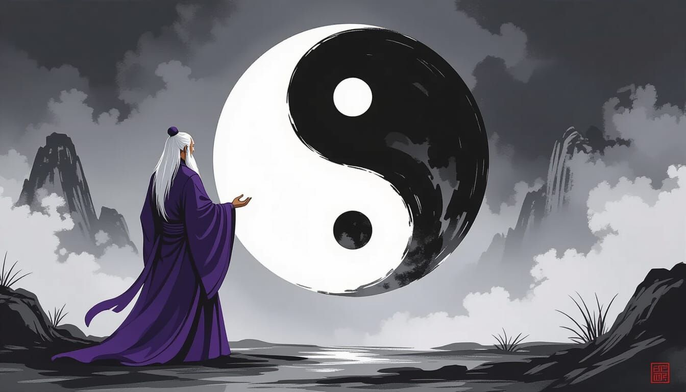 Wise Daoist Priest and Taijitu in Ink Wash Style