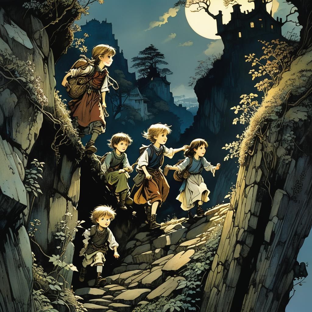 the four little siblings help each other climb a steep slope...