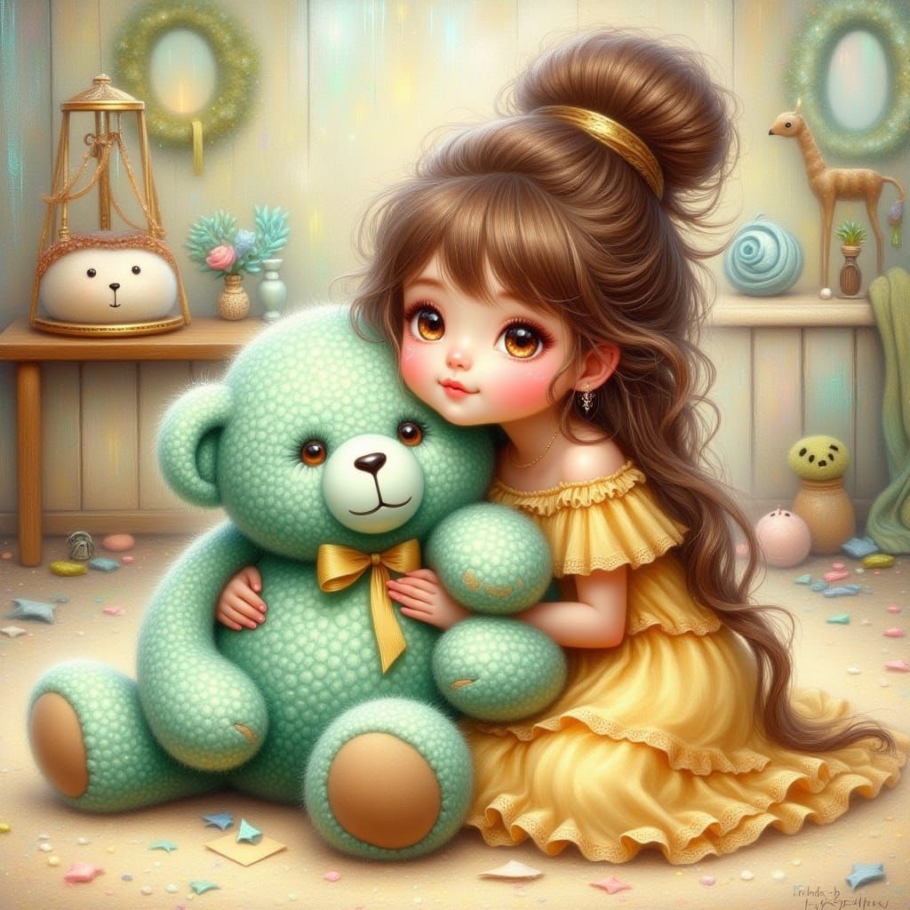 <lora:FiosFantasyGlow:1.0> inspired by Linda Fletcher
A little girl with long, fuzzy brown hair, raised in a loose bun, and brown eyes, wear...