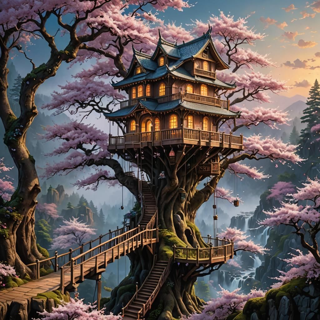 Gravity-defying Cherry Blossom Treehouse - AI Generated Artwork ...