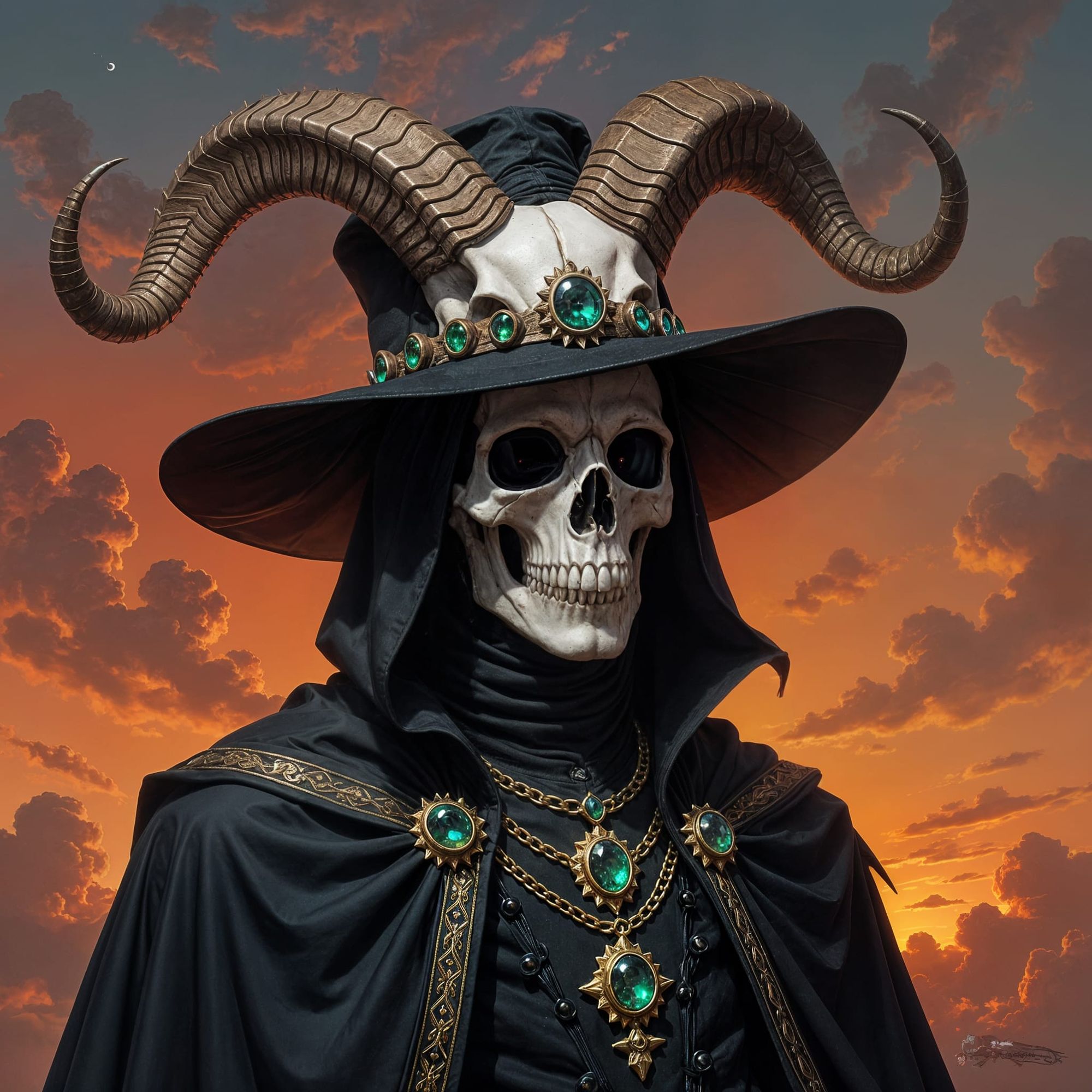 A macabre character, perhaps a necromancer or a wizard, wears a hat that appears to be made of a demonic goat skull, complete with tiny emer...
