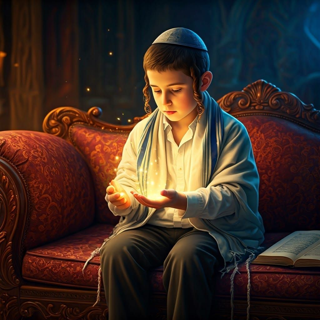 Mystical Chasidic Boy in Soft Golden Lighting