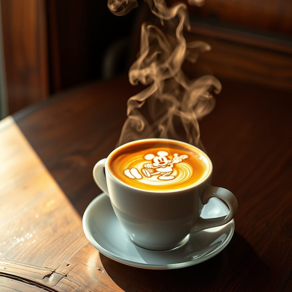 Mickey Mouse Violinist Coffee Art in Cozy Morning Light