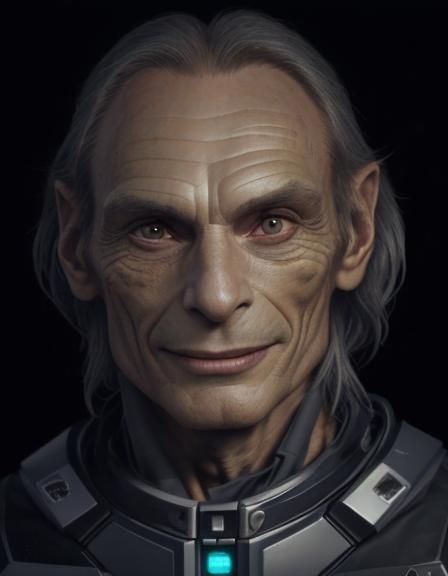 a lizard looklike Marc Alaimo grey skin, smiling with enigma...