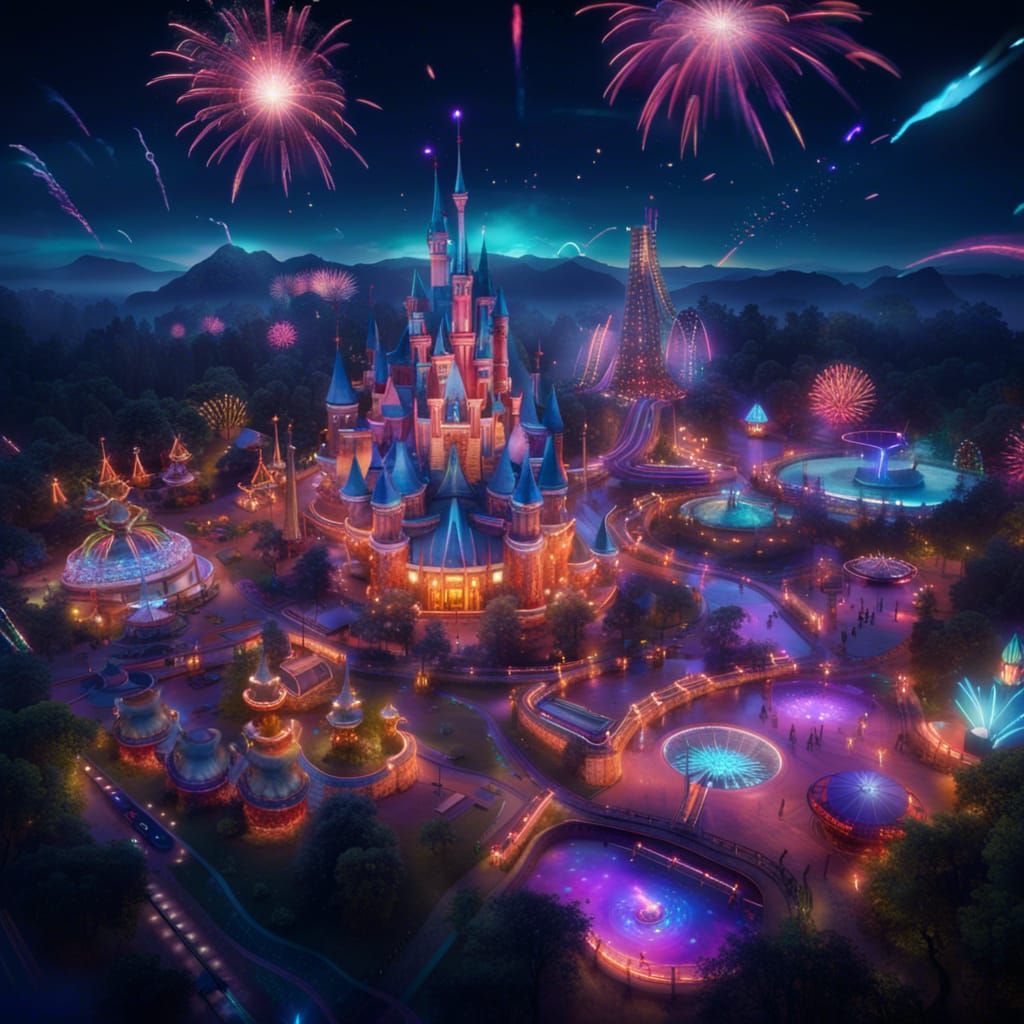 Magical gorgeous theme park seen from the sky at night with neon lights, magic spells and fireworks. ...  by @ophelia22