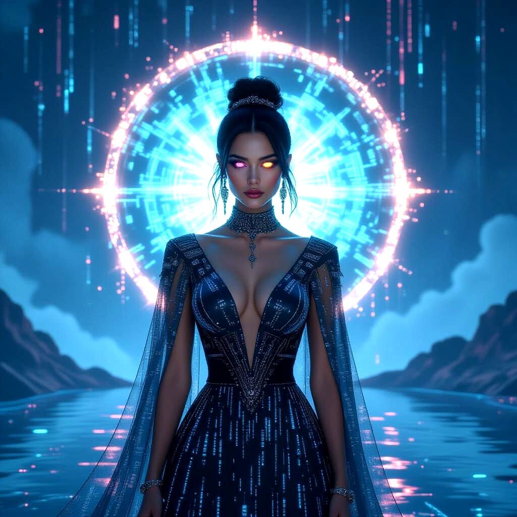 A digital oracle with a flowing gown of binary code stands before a shimmering portal, their eyes radiating an otherworldly glow. Facing the...