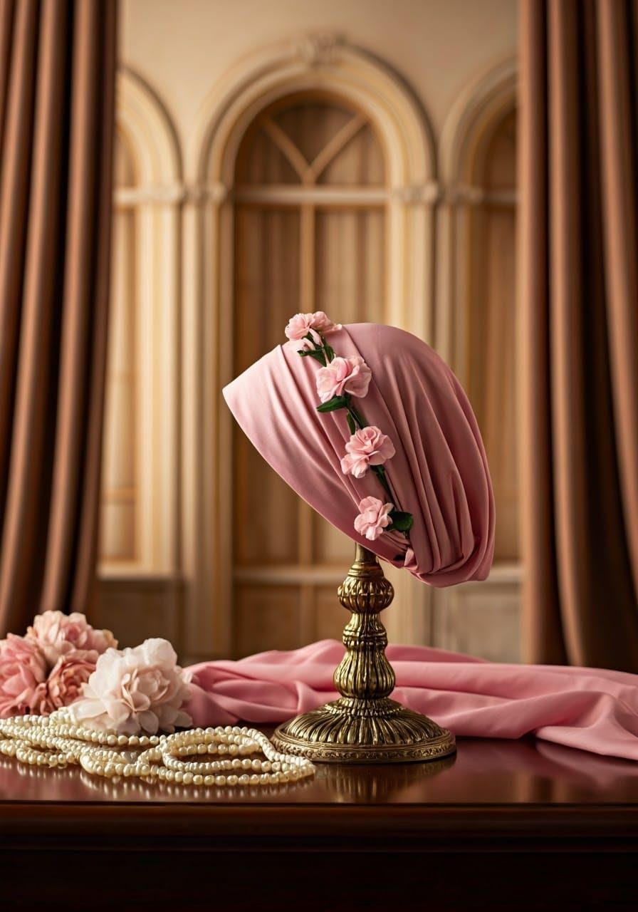 Luxurious Charedi Headscarf in Antique Pink on Ornate Gold S...