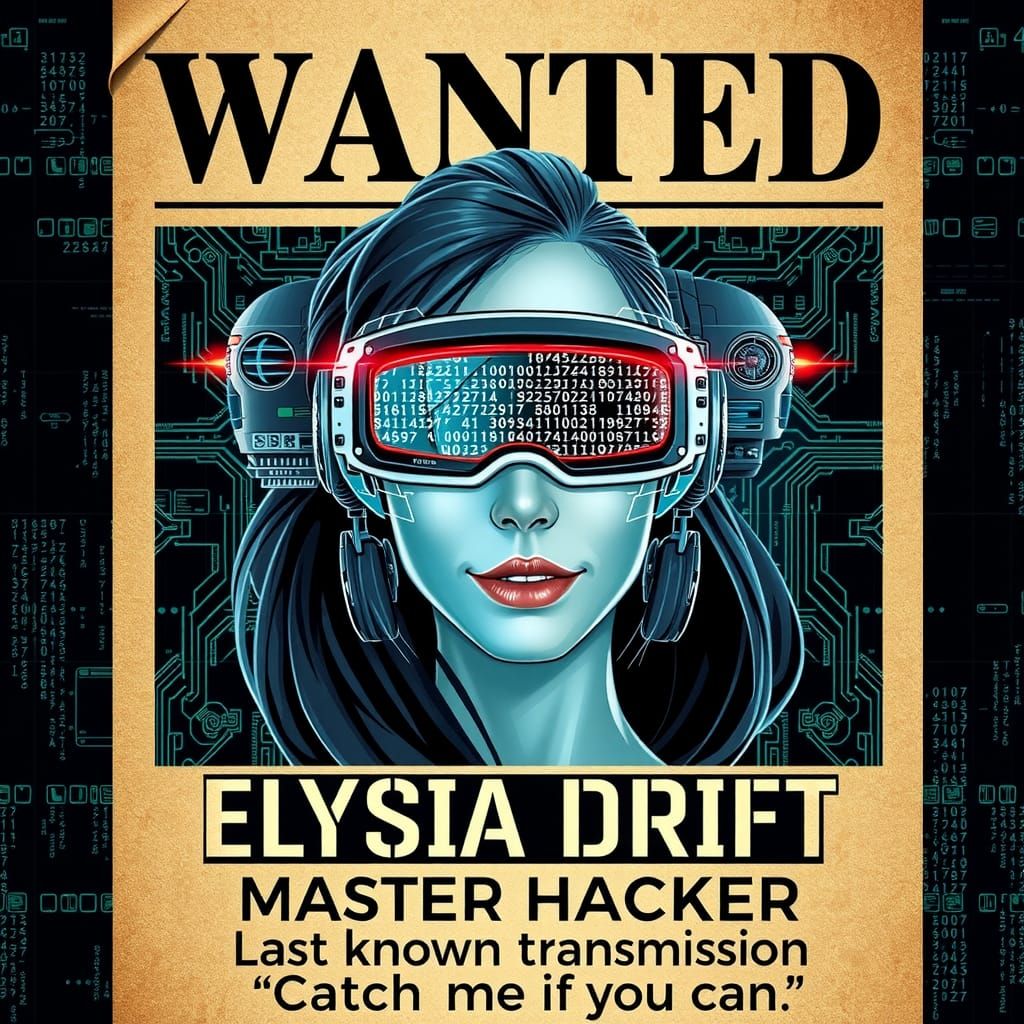 The wanted poster for Elysia Drift has a sleek, high-tech design, with digital glitches flickering across ...  by @Pjrockey